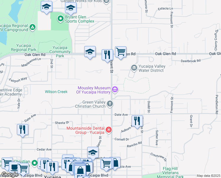 map of restaurants, bars, coffee shops, grocery stores, and more near 11570 Bryant Street in Yucaipa