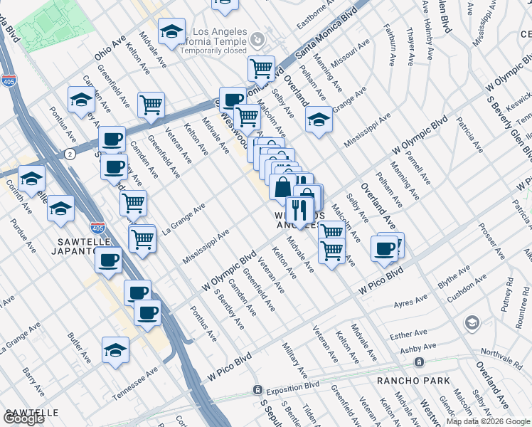 map of restaurants, bars, coffee shops, grocery stores, and more near 2113 Midvale Avenue in Los Angeles