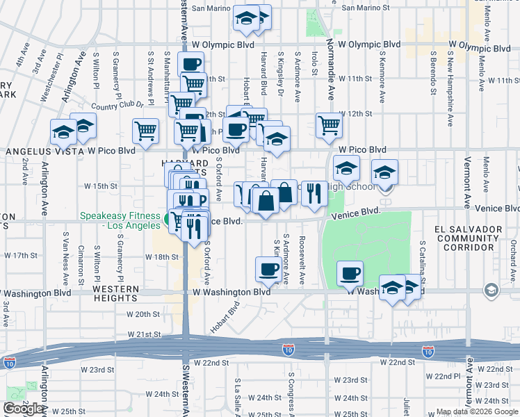 map of restaurants, bars, coffee shops, grocery stores, and more near 1561 South Harvard Boulevard in Los Angeles