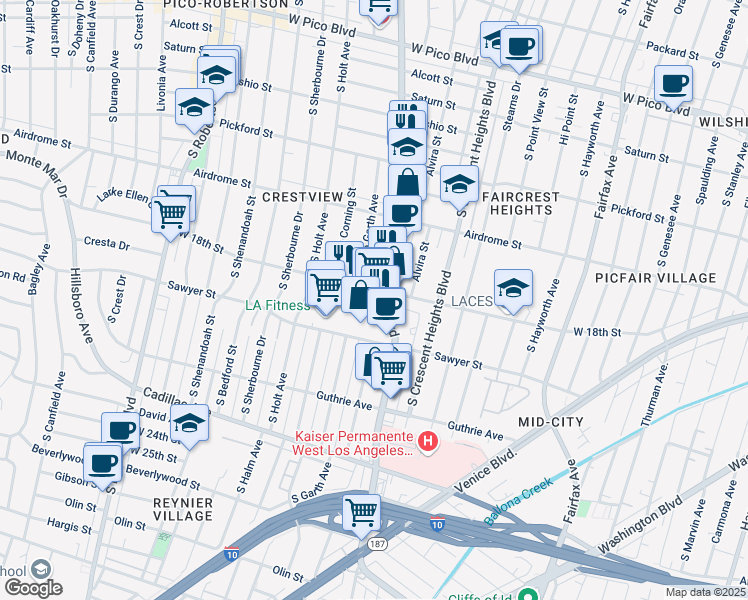 map of restaurants, bars, coffee shops, grocery stores, and more near 1833 South La Cienega Boulevard in Los Angeles
