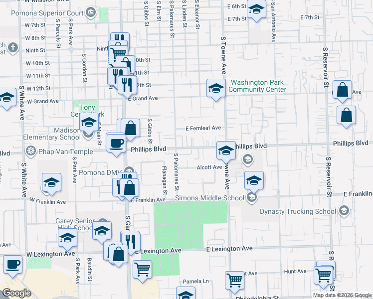 map of restaurants, bars, coffee shops, grocery stores, and more near 586 East Phillips Boulevard in Pomona