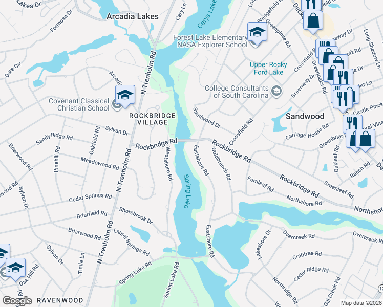 map of restaurants, bars, coffee shops, grocery stores, and more near 6457 Eastshore Road in Columbia