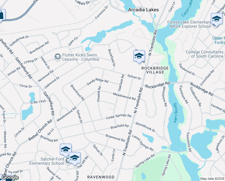 map of restaurants, bars, coffee shops, grocery stores, and more near 4505 Meadowood Road in Columbia
