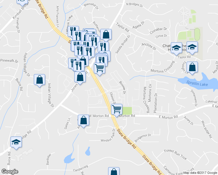 map of restaurants, bars, coffee shops, grocery stores, and more near 10898 Gallier Street in Alpharetta