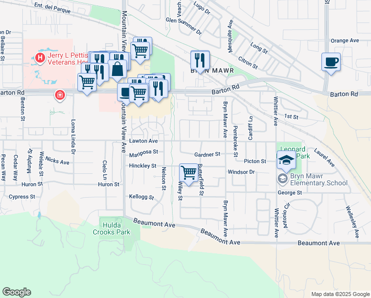 map of restaurants, bars, coffee shops, grocery stores, and more near 25948 Gardner Street in Loma Linda