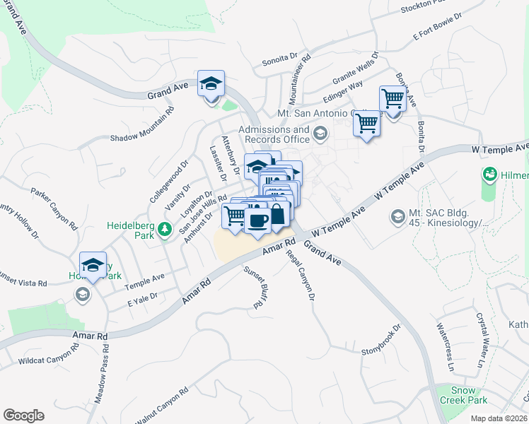 map of restaurants, bars, coffee shops, grocery stores, and more near 20700 San Jose Hills Road in Walnut