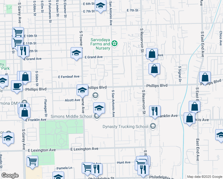 map of restaurants, bars, coffee shops, grocery stores, and more near 1501 South San Antonio Avenue in Pomona