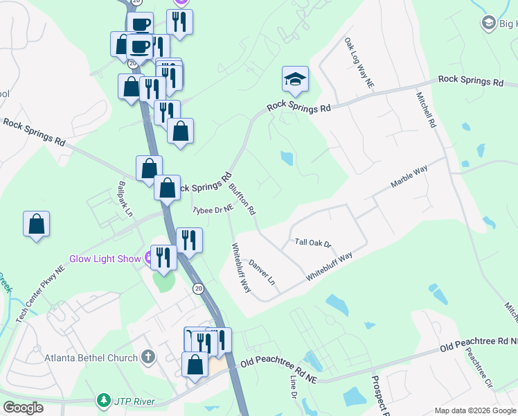 map of restaurants, bars, coffee shops, grocery stores, and more near 2671 Bluffton Road in Buford