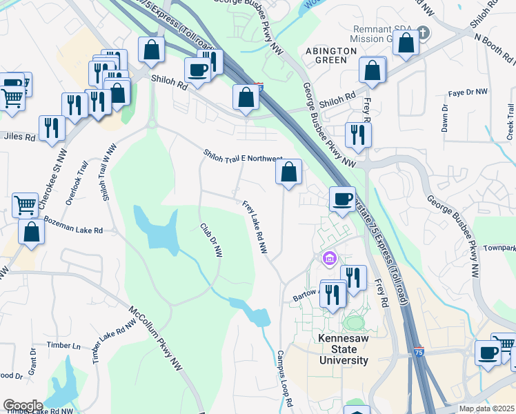map of restaurants, bars, coffee shops, grocery stores, and more near 3716 Frey Lake Road Northwest in Kennesaw