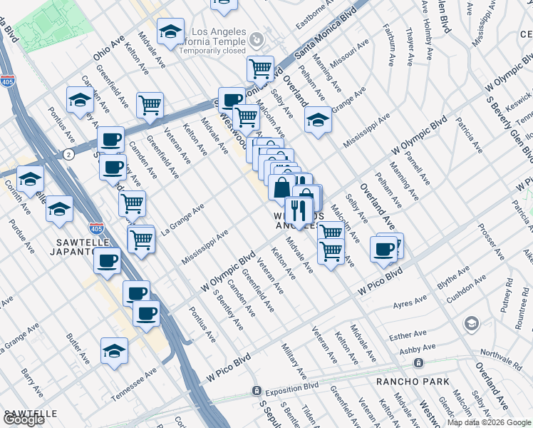 map of restaurants, bars, coffee shops, grocery stores, and more near 2113 Midvale Avenue in Los Angeles
