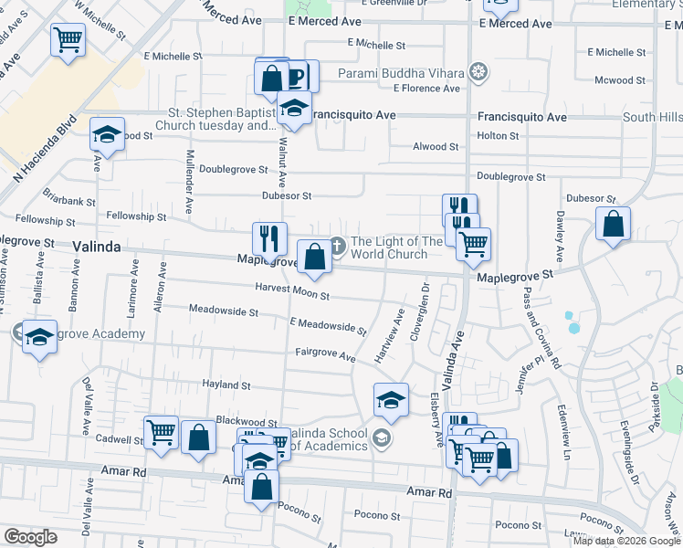 map of restaurants, bars, coffee shops, grocery stores, and more near 16108 Maplegrove Street in La Puente