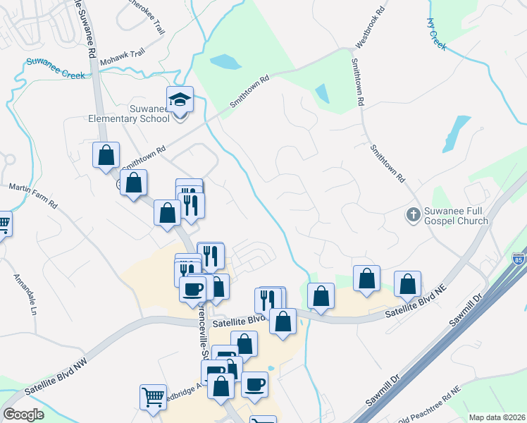 map of restaurants, bars, coffee shops, grocery stores, and more near 3409 Bonneville Way in Suwanee