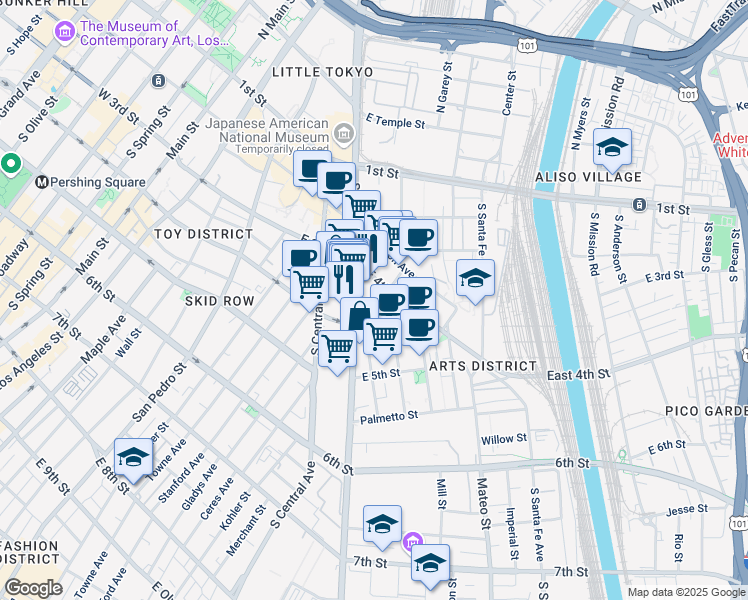 map of restaurants, bars, coffee shops, grocery stores, and more near 330 South Alameda Street in Los Angeles