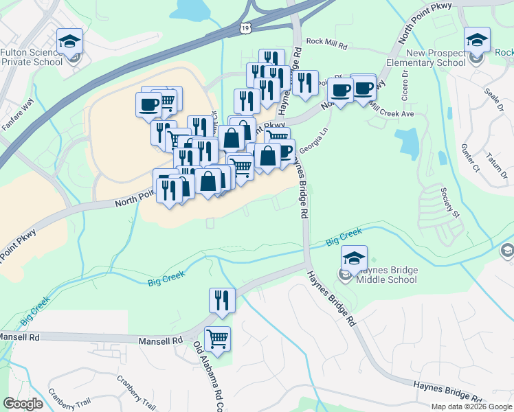 map of restaurants, bars, coffee shops, grocery stores, and more near 5307 Jameson Pass in Alpharetta