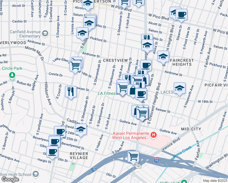 map of restaurants, bars, coffee shops, grocery stores, and more near 1833 South Holt Avenue in Los Angeles