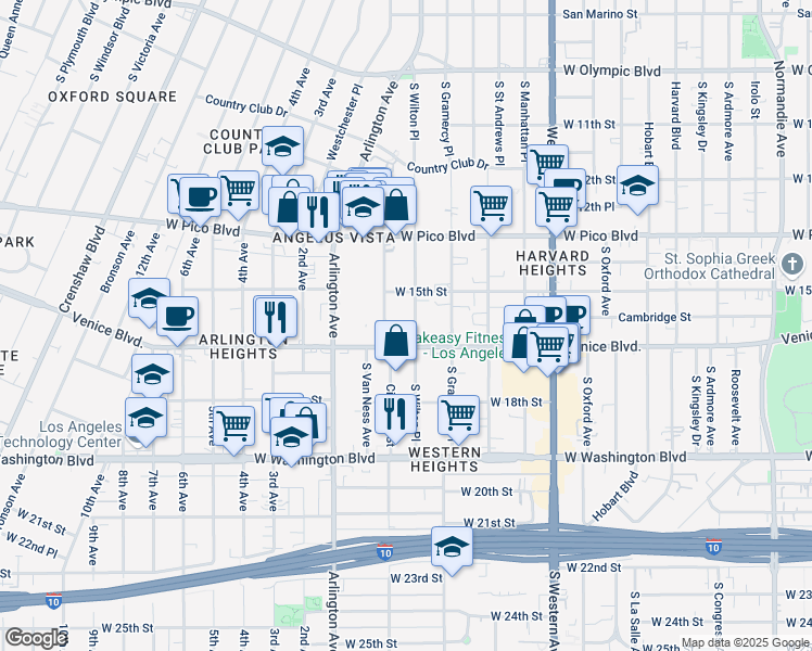 map of restaurants, bars, coffee shops, grocery stores, and more near 1537 South Wilton Place in Los Angeles