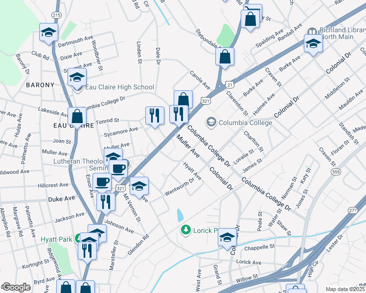 map of restaurants, bars, coffee shops, grocery stores, and more near 4513 Windemere Avenue in Columbia