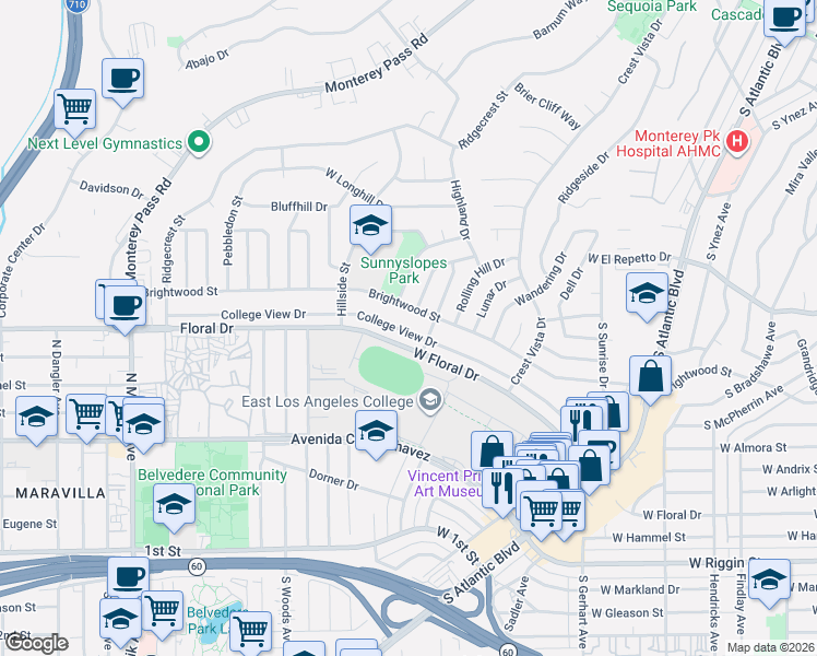 map of restaurants, bars, coffee shops, grocery stores, and more near 1501 College View Drive in Monterey Park