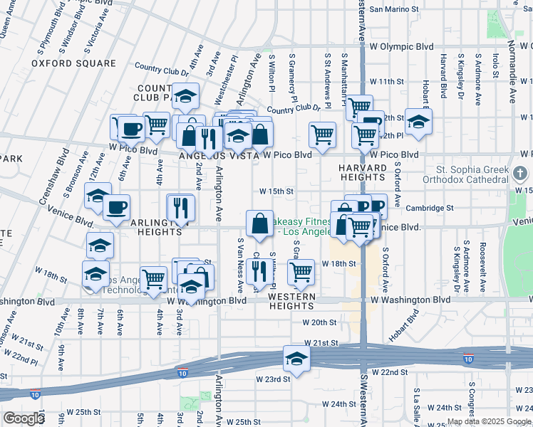 map of restaurants, bars, coffee shops, grocery stores, and more near 1537 South Wilton Place in Los Angeles