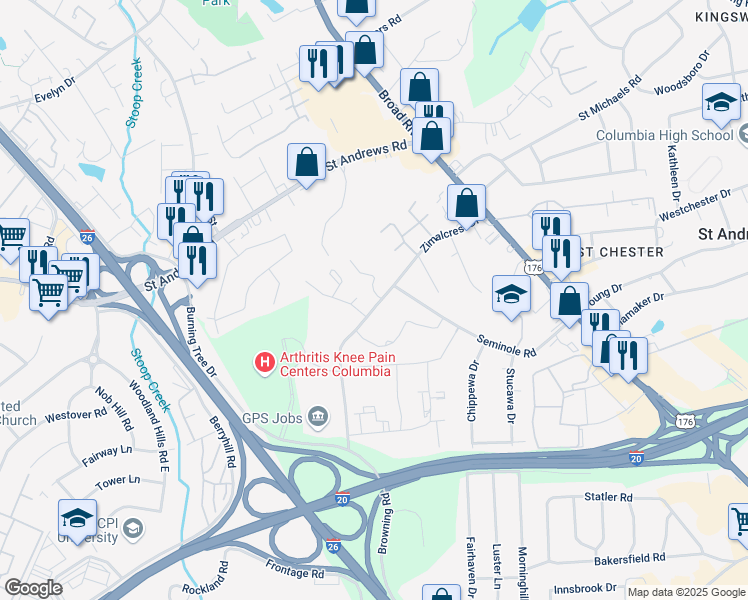 map of restaurants, bars, coffee shops, grocery stores, and more near 1101 Cloister Place in Columbia