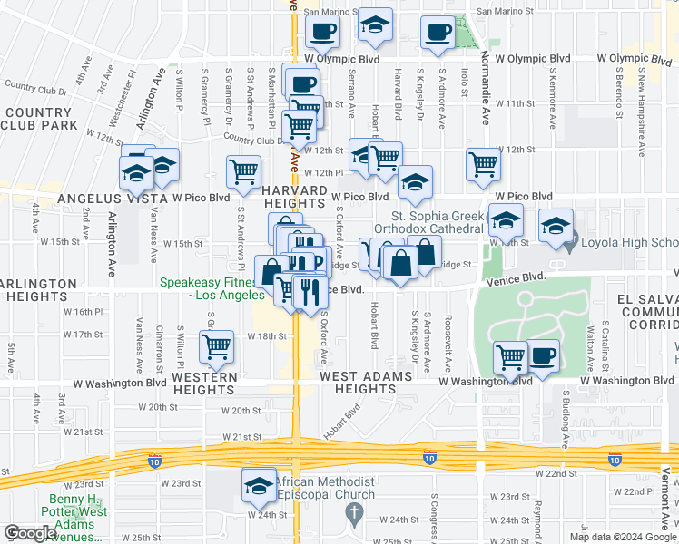 map of restaurants, bars, coffee shops, grocery stores, and more near 2222 Cambridge Street in Los Angeles