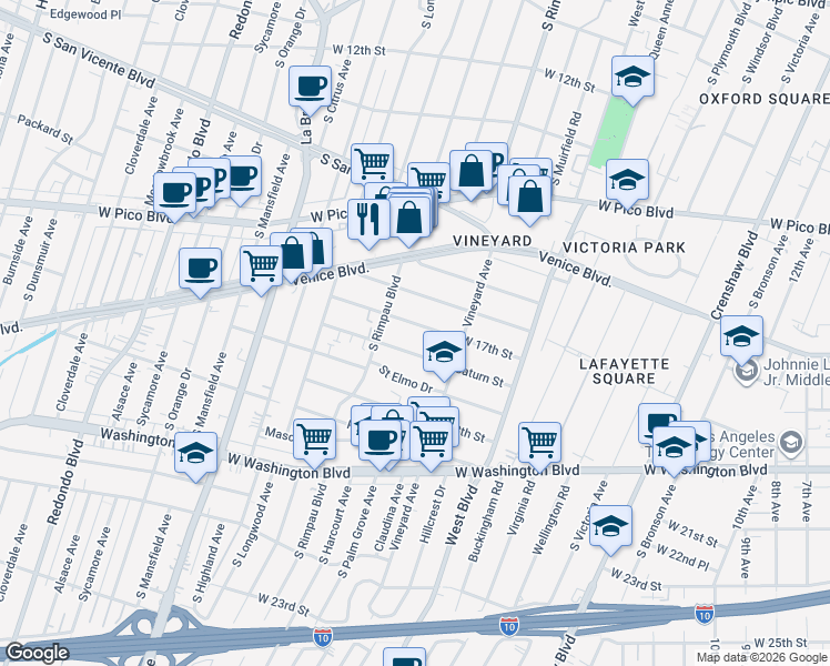 map of restaurants, bars, coffee shops, grocery stores, and more near 4702 West 17th Street in Los Angeles