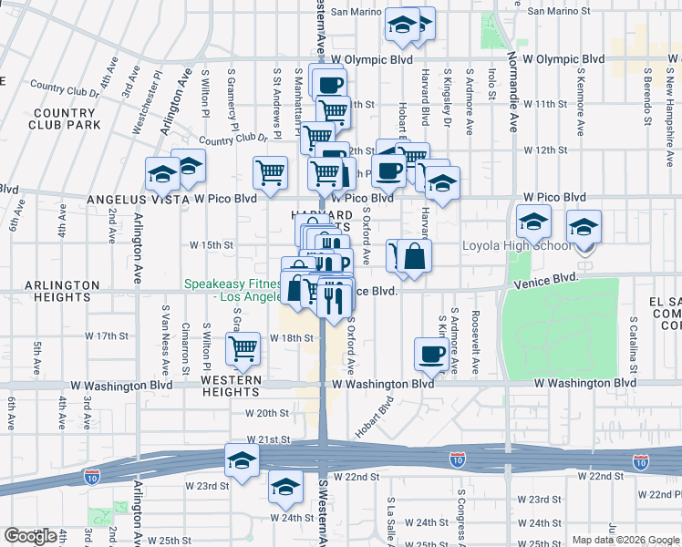 map of restaurants, bars, coffee shops, grocery stores, and more near 2266 Cambridge Street in Los Angeles