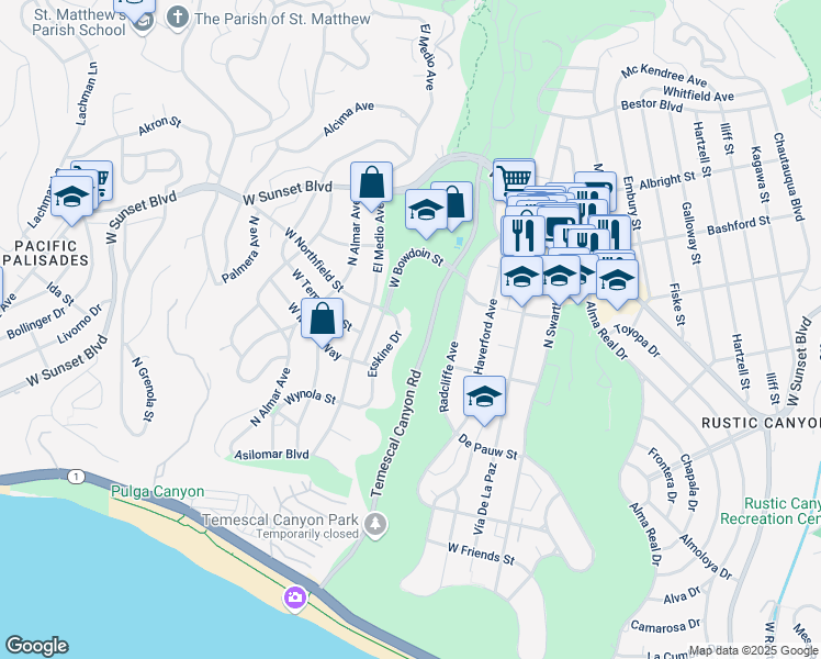 map of restaurants, bars, coffee shops, grocery stores, and more near 654 Erskine Drive in Los Angeles