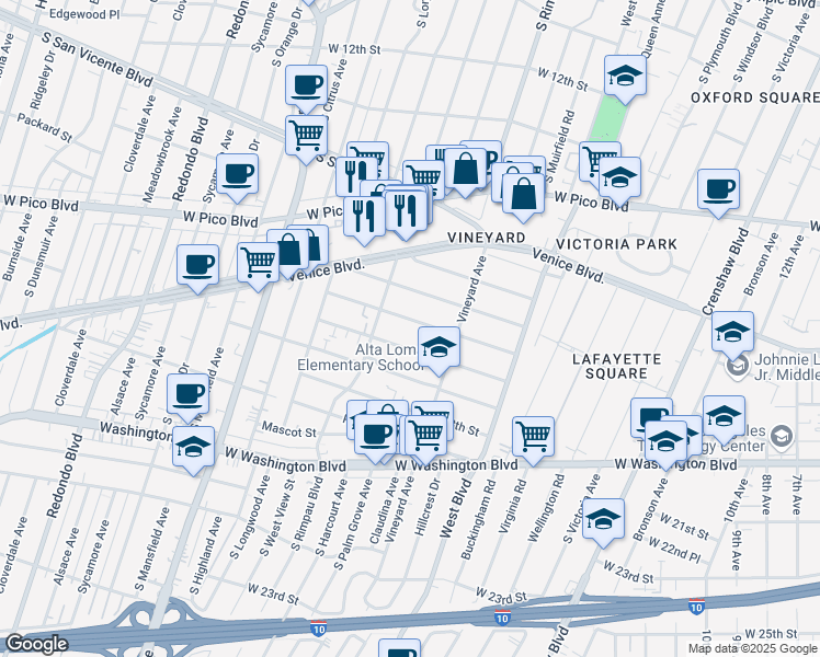 map of restaurants, bars, coffee shops, grocery stores, and more near 4702 West 17th Street in Los Angeles