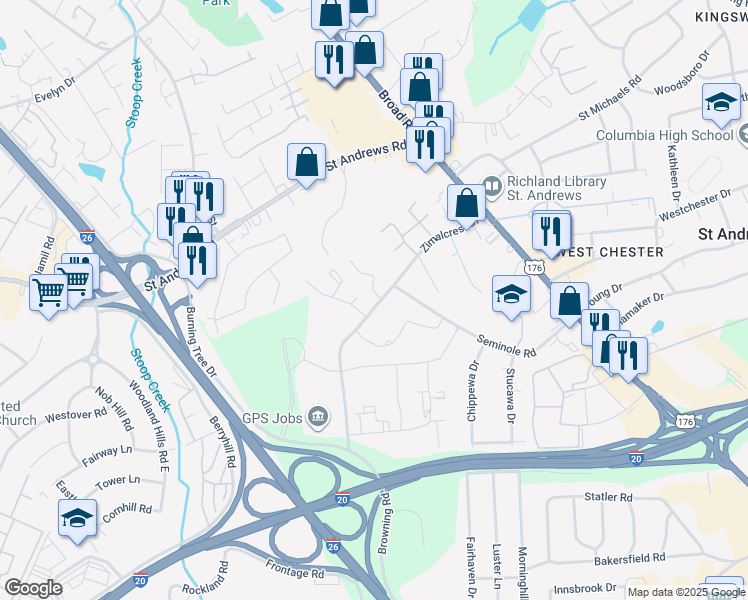 map of restaurants, bars, coffee shops, grocery stores, and more near 1101 Cloister Place in Columbia