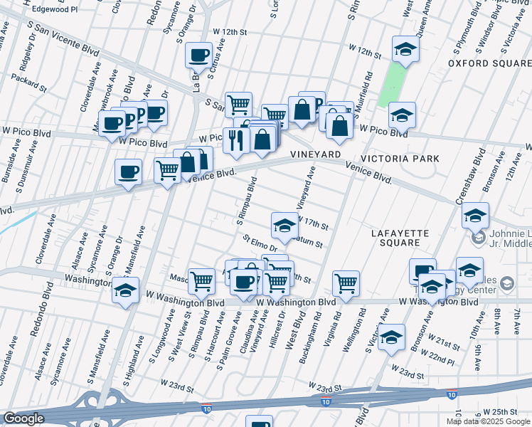 map of restaurants, bars, coffee shops, grocery stores, and more near 4702 West 17th Street in Los Angeles