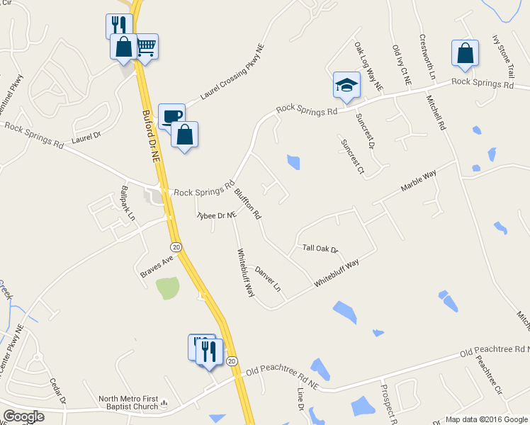 map of restaurants, bars, coffee shops, grocery stores, and more near 2681 Bluffton Road in Buford