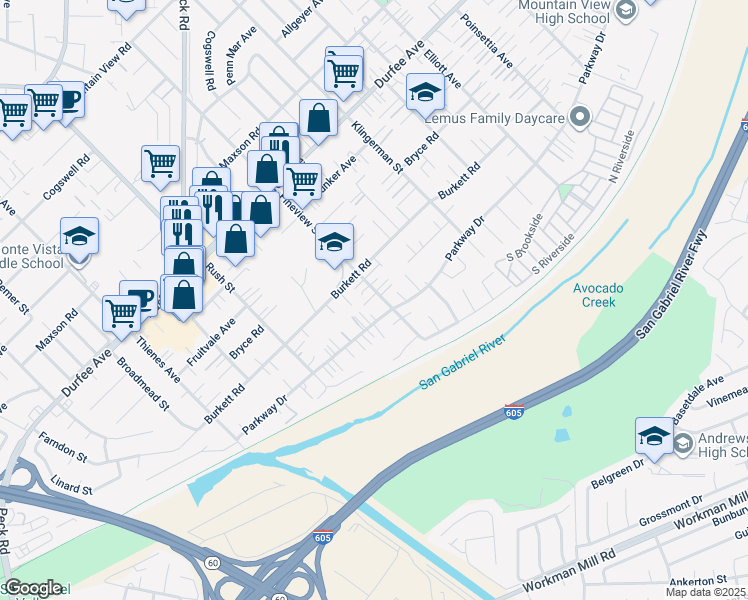 map of restaurants, bars, coffee shops, grocery stores, and more near 12536 Fineview Street in El Monte