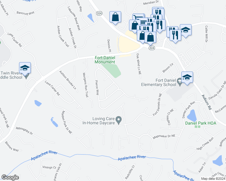 map of restaurants, bars, coffee shops, grocery stores, and more near 2492 Lance Ridge Way Northeast in Buford