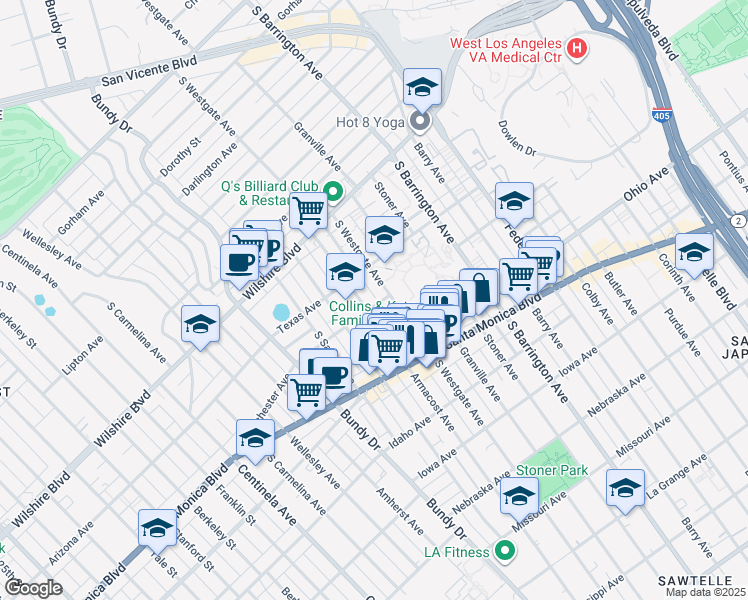 map of restaurants, bars, coffee shops, grocery stores, and more near 11865 Rochester Avenue in Los Angeles