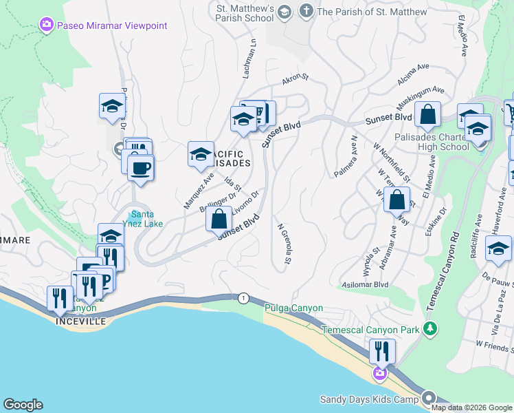 map of restaurants, bars, coffee shops, grocery stores, and more near 16824 Livorno Drive in Los Angeles