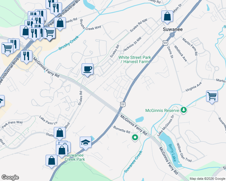 map of restaurants, bars, coffee shops, grocery stores, and more near 3881 White Lane Northwest in Suwanee