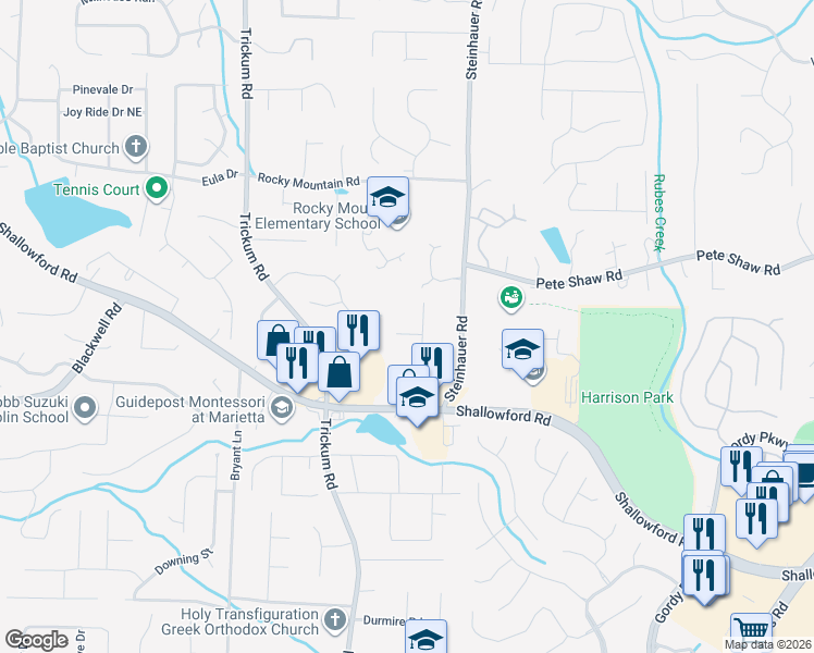 map of restaurants, bars, coffee shops, grocery stores, and more near 2509 Aged Stone Way in Marietta