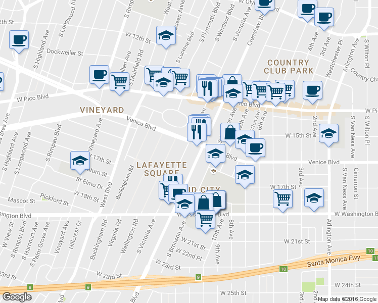 map of restaurants, bars, coffee shops, grocery stores, and more near 1620 South Victoria Avenue in Los Angeles