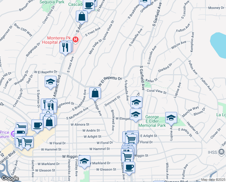 map of restaurants, bars, coffee shops, grocery stores, and more near 1701 South McPherrin Avenue in Monterey Park