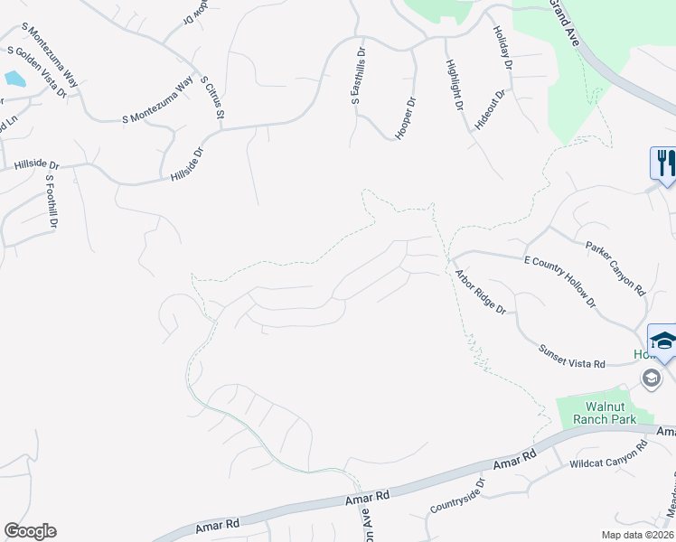 map of restaurants, bars, coffee shops, grocery stores, and more near 19679 Highland Terrace Drive in Walnut