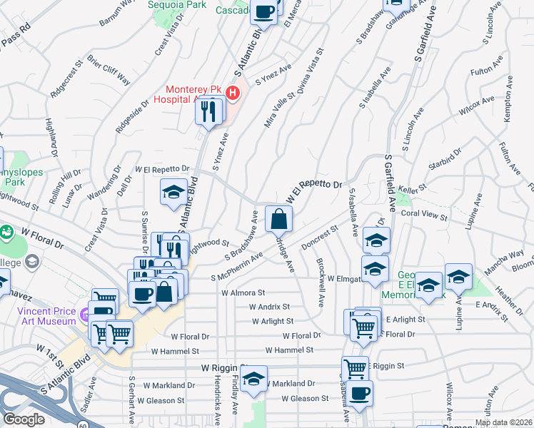 map of restaurants, bars, coffee shops, grocery stores, and more near 421 Grandridge Avenue in Monterey Park