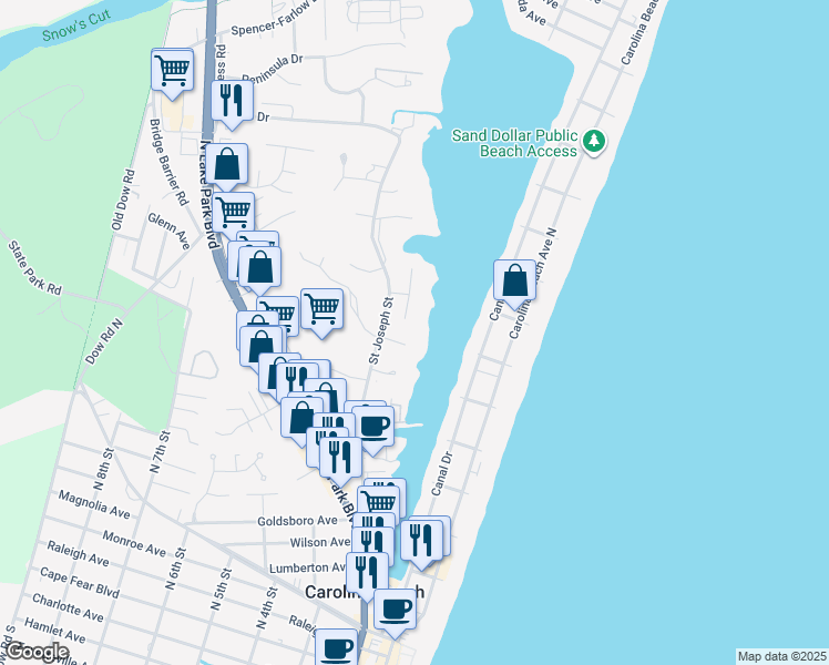 map of restaurants, bars, coffee shops, grocery stores, and more near 1038 Waterview Court in Carolina Beach