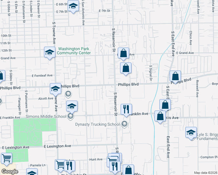 map of restaurants, bars, coffee shops, grocery stores, and more near 1535 South Reservoir Street in Pomona
