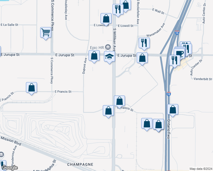 map of restaurants, bars, coffee shops, grocery stores, and more near 1590 South Milliken Avenue in Ontario