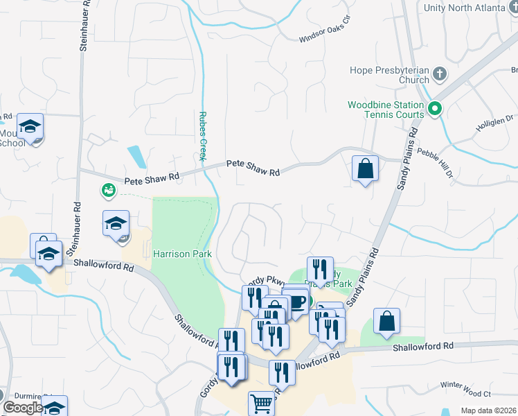 map of restaurants, bars, coffee shops, grocery stores, and more near 4018 Upland Trce in Marietta
