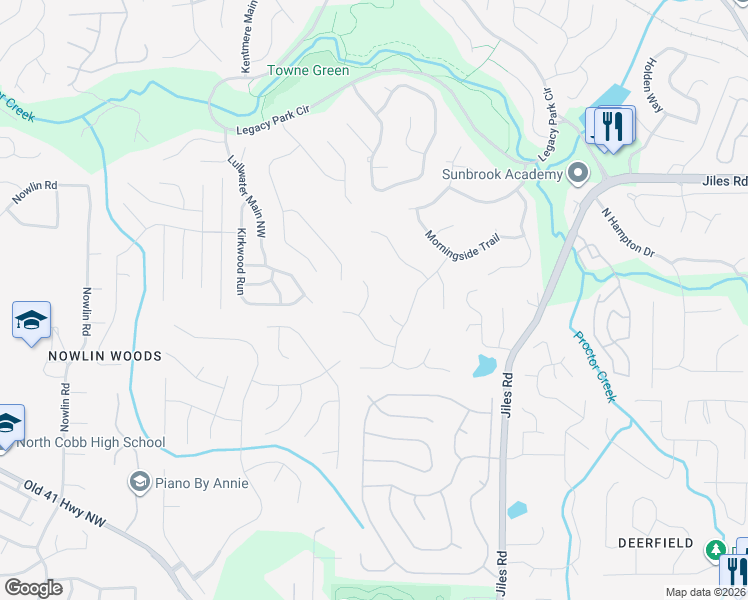 map of restaurants, bars, coffee shops, grocery stores, and more near 3604 Hampstead Court Northwest in Kennesaw