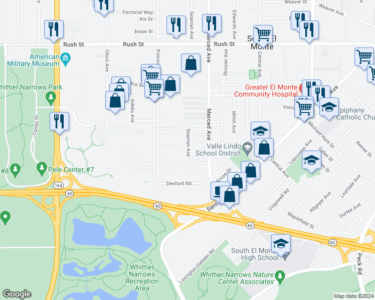 map of restaurants, bars, coffee shops, grocery stores, and more near 1334 Seaman Avenue in South El Monte
