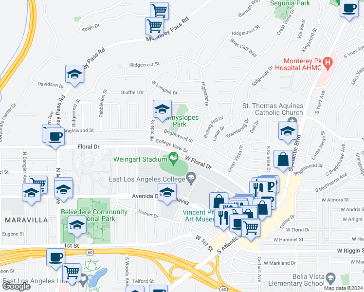 map of restaurants, bars, coffee shops, grocery stores, and more near 1501 College View Drive in Monterey Park