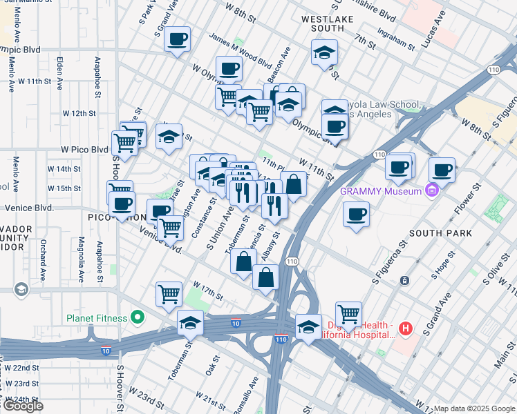 map of restaurants, bars, coffee shops, grocery stores, and more near 1530 West Pico Boulevard in Los Angeles